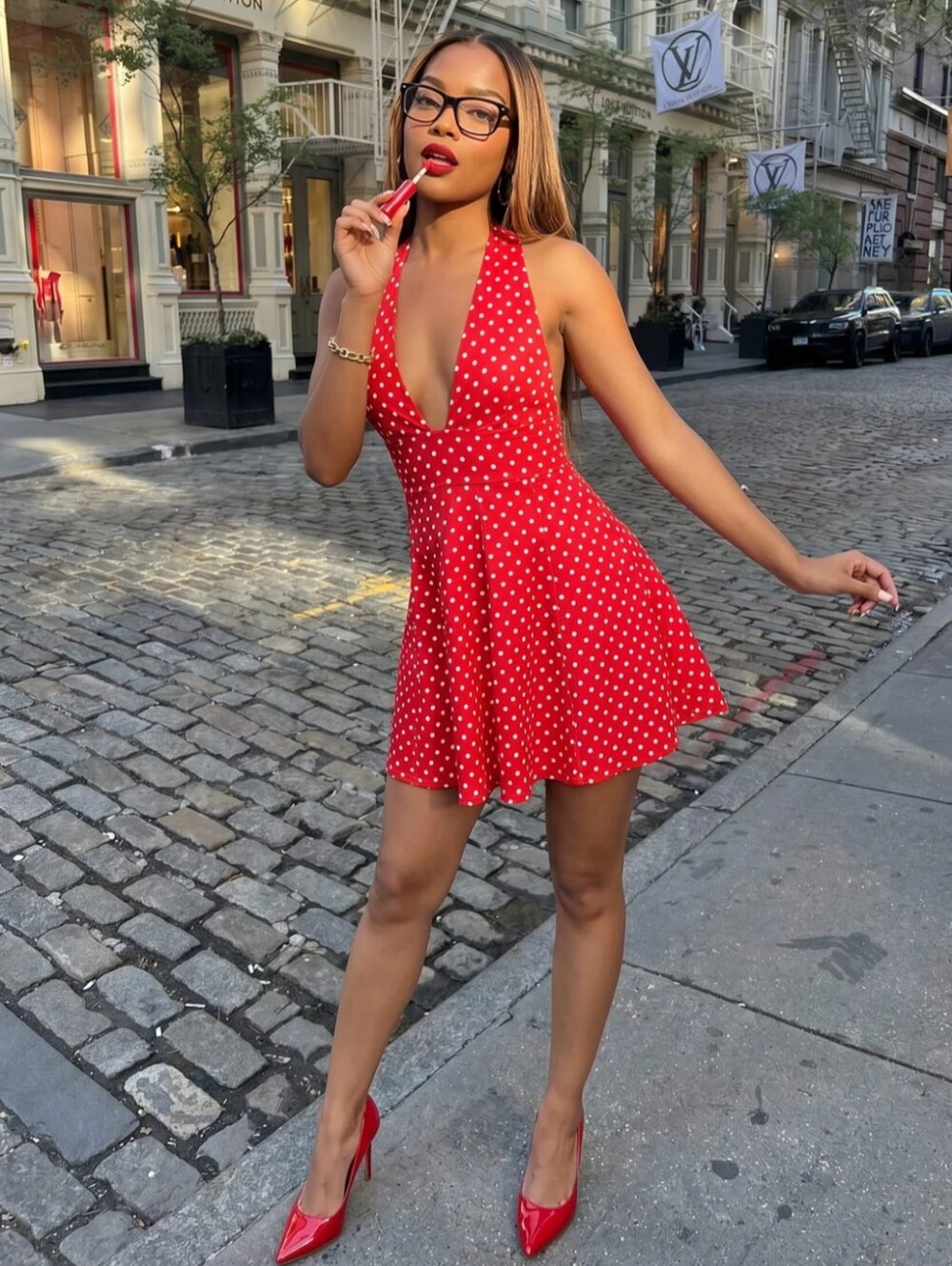 Red Polka Dot Halter Mini Dress - Women